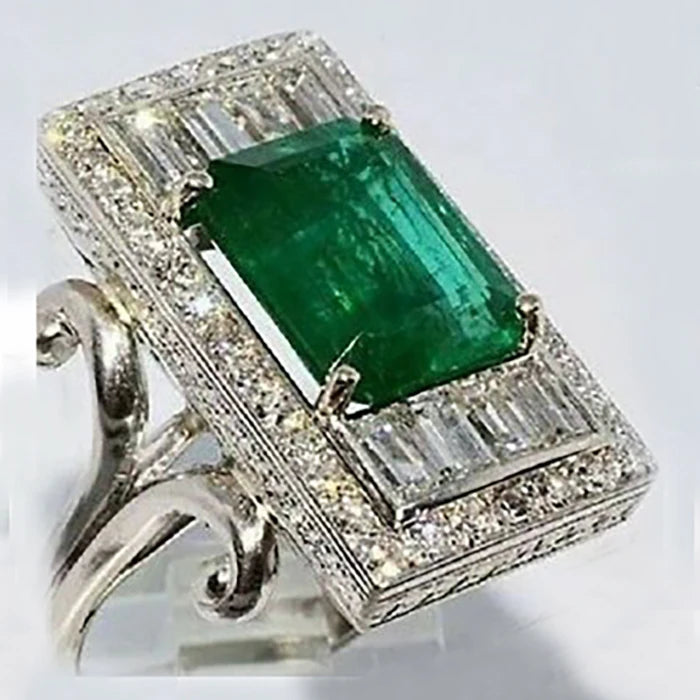 CAOSHI Custom Fashion Copper Jewelry Ring Silver Plated Big Green Crystal CZ Ring Silver Plating Vintage Party Rings for Women