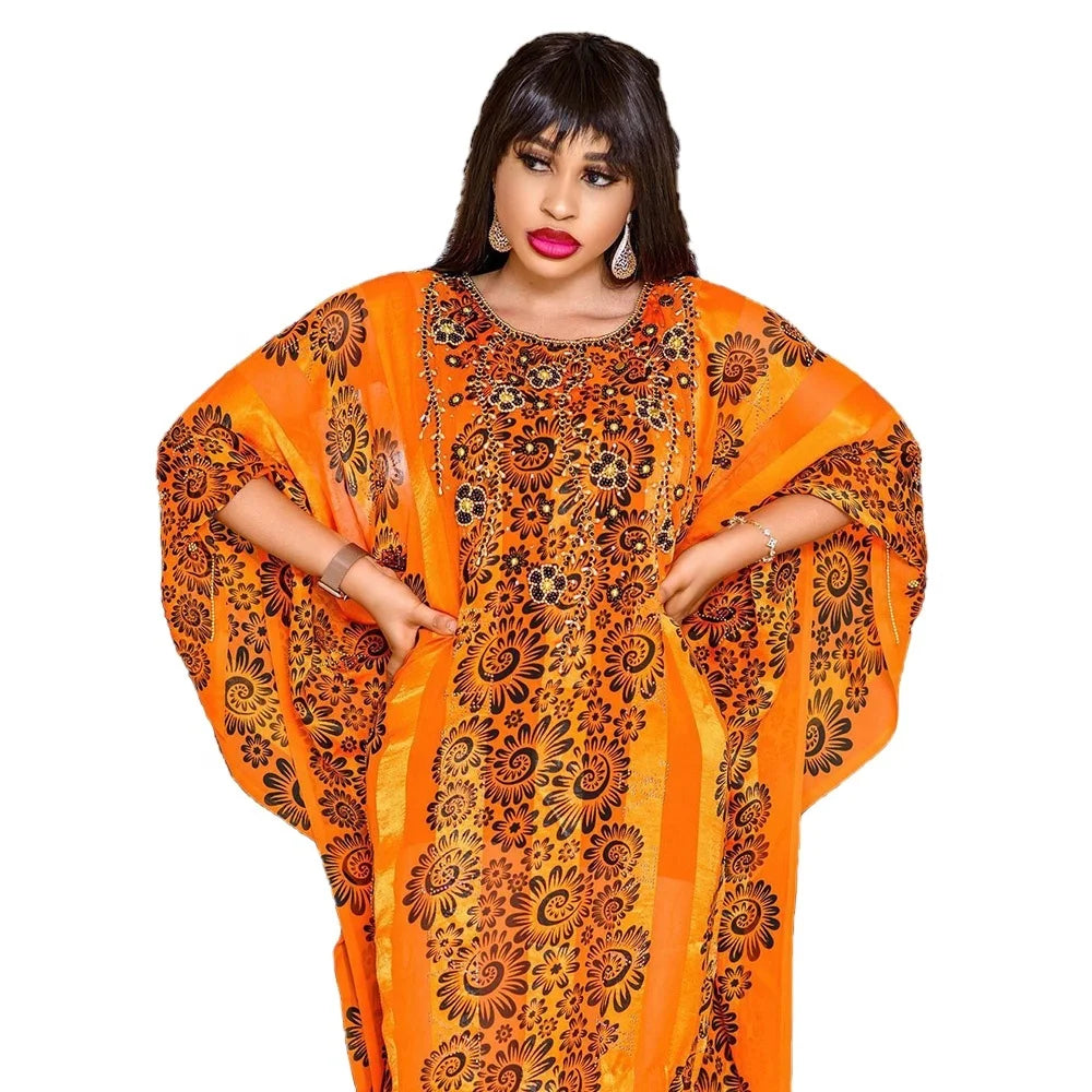 Top Fashion Two-Piece Set Plus Size Chiffon Printing African Bubu Dress with Rhinestone for Women