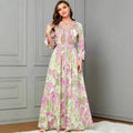 Spring/Summer Artistic Long Dress Muslim Middle Eastern Slim Abaya Dress Dubai Clothing Printed Fashion V Tie Belt Abaya