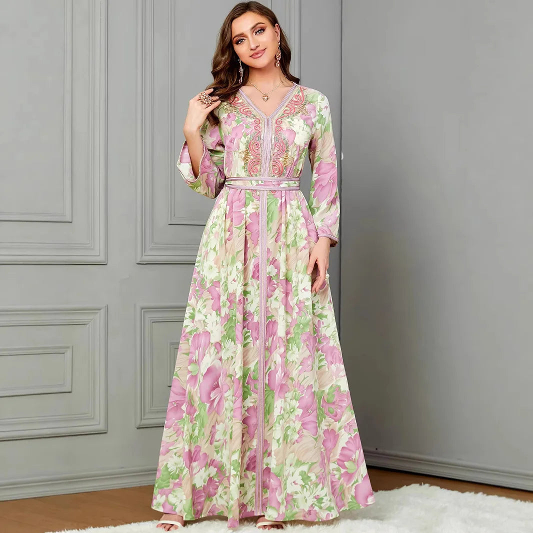 Spring/Summer Artistic Long Dress Muslim Middle Eastern Slim Abaya Dress Dubai Clothing Printed Fashion V Tie Belt Abaya