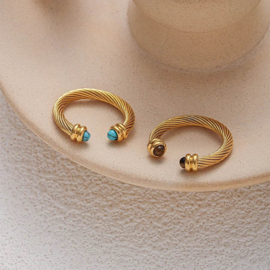 New Design Natural Stone Ring Waterproof Vintage Gold Plated Stainless Steel Opening Rings for Women Jewelry Gift