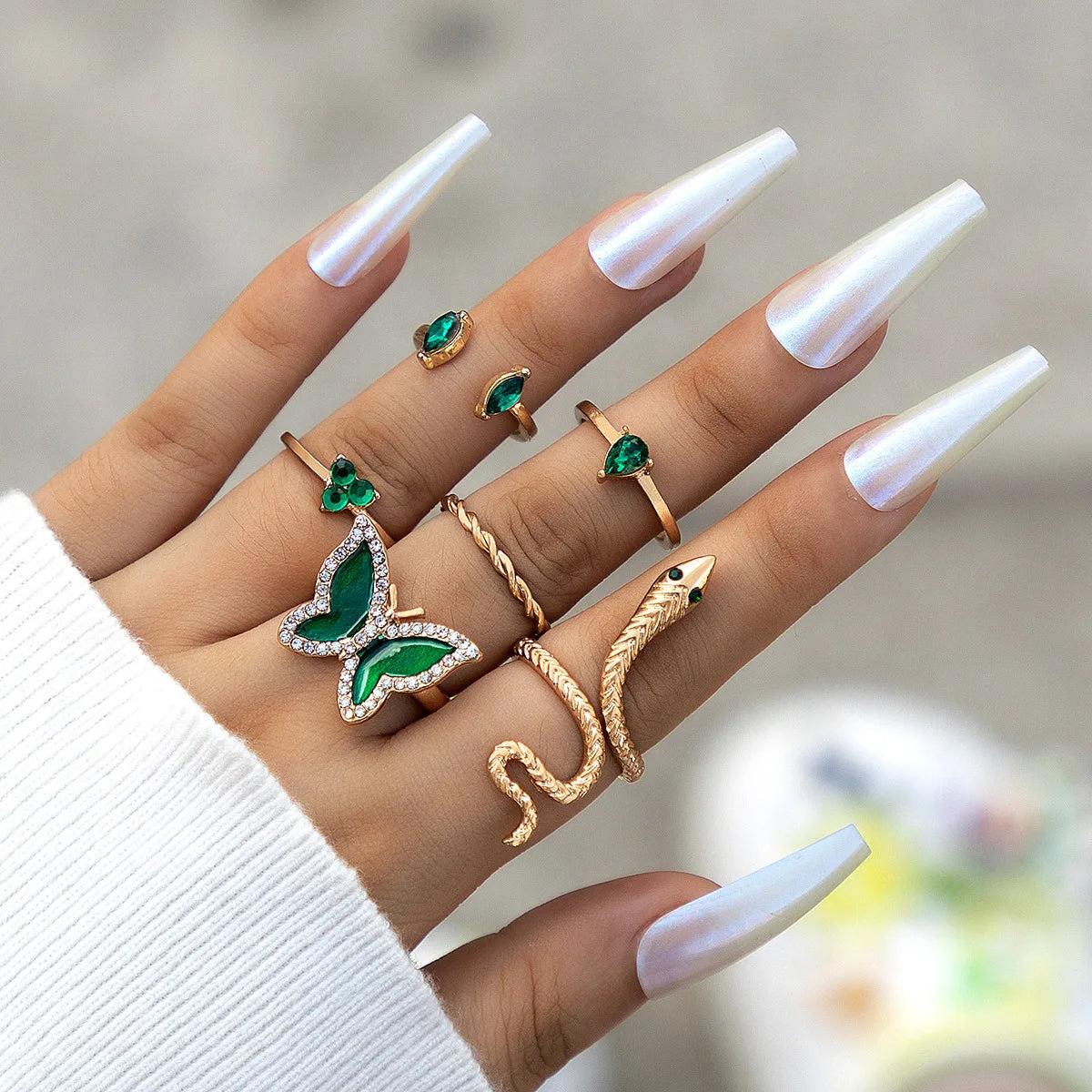Hot Selling Finger Ring Sets Green Rhinestone 6Pcs/Sets Ring Sets Drop Snake Butterfly Ring Sets Women