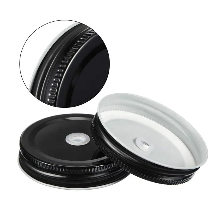 Wholesale Mason Jar Lid Closure 70mm Black Screw Metal Tinplate Caps with A Straw Hole for Mason Jars