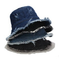 Trendy Vintage Wide Brim Beach Cotton Fisherman Cap Floppy Jean Denim Distressed Washed Frayed Bucket Hat