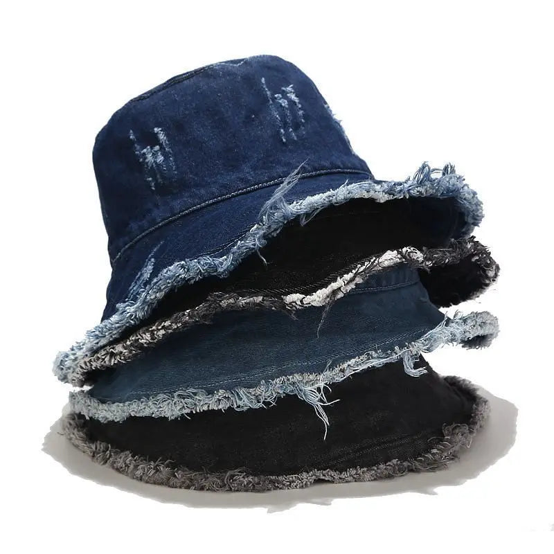 Trendy Vintage Wide Brim Beach Cotton Fisherman Cap Floppy Jean Denim Distressed Washed Frayed Bucket Hat