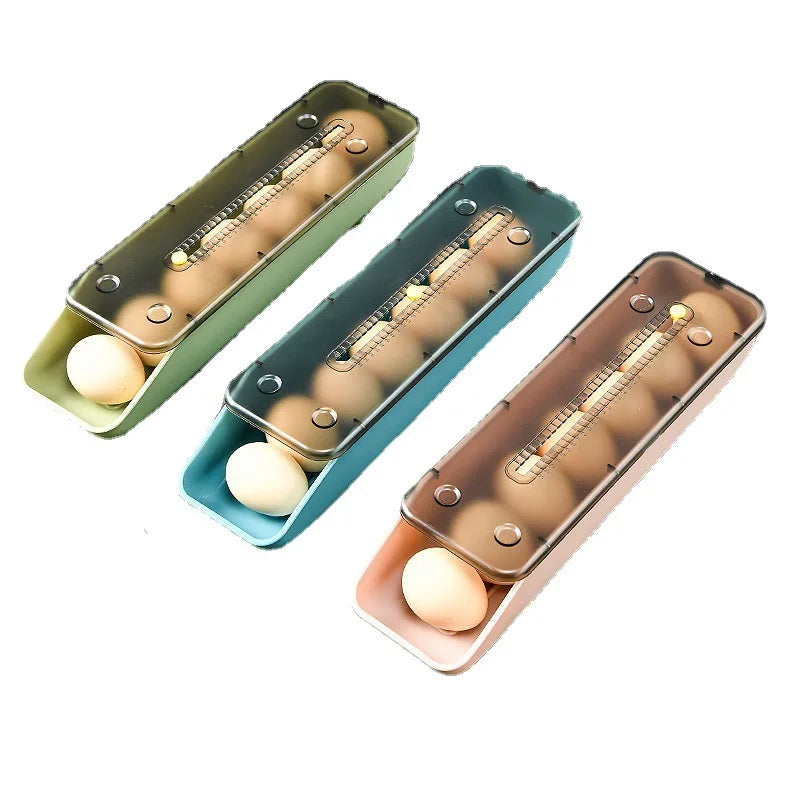 2022 New Kitchen Plastic Transparent Egg Tray Automatic Rolling Egg Box 7 Eggs Holder Organizer for Refrigerator