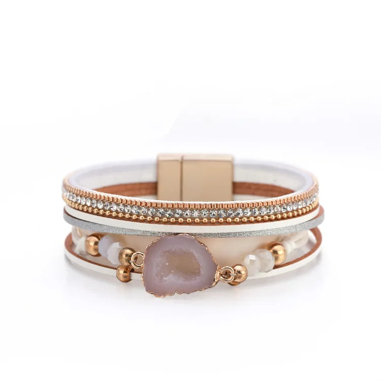 DHJ00223 Fashion Multi Layer Leather Bracelet With Stone Magnetic Buckle PU Leather Bracelet