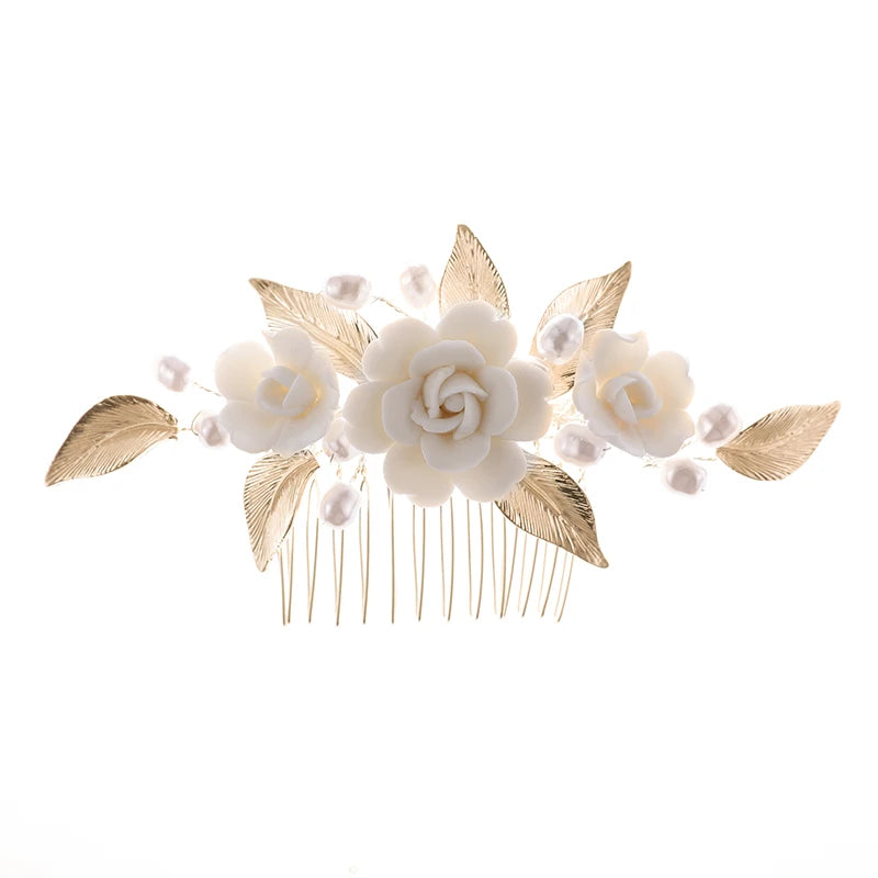 Fashion Handmade Ceramics Flower Wedding Hair Jewelry Accessories Metal Leaf Pearl Bridal Hair Combs Women