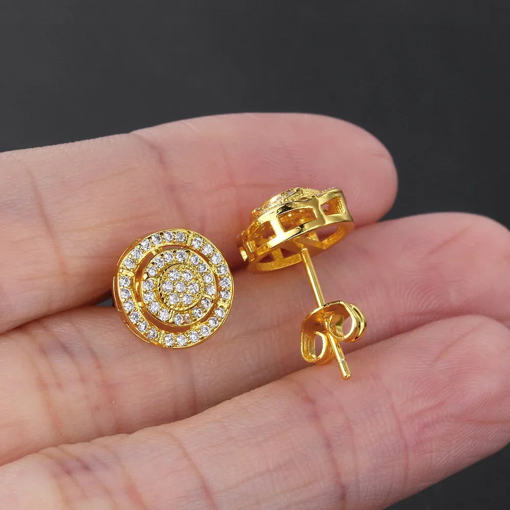 Hippie Geometric Earrings Men Women Luxury Shiny AAA+ Cubic Zirconia Copper Gold Color Ear Stud Hip Hop Jewelry Gift