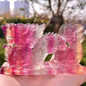 10cm Natural Watermelon Fluorite Dragon Statue Crystal Carving Rainbow Fluorite Dragon for Decoration