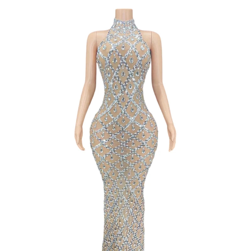 Fashion Long Dress Women Partying Diamond Crystal Halter Slit Dress Elegant Evening Gown for Women Clothing