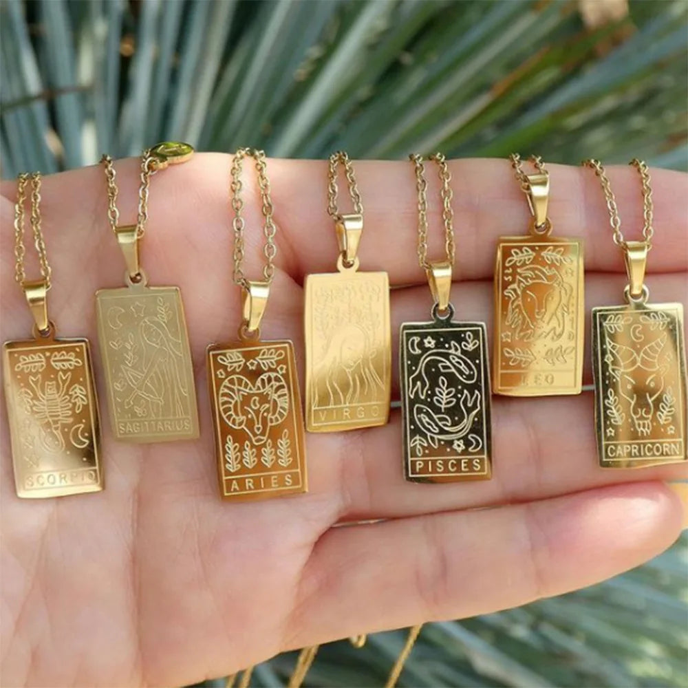 Personalized Astrology Square 12 Zodiac Tarot Card Jewelry 18k Gold Plated Stainless Steel Zodiac Sign Tarot Pendant Necklace