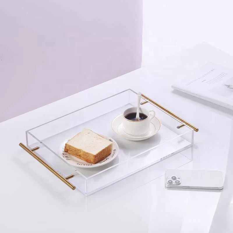 OEM Clear Acrylic Tray Acrylic Serving Tray Acrylic Serving Tray with Gold Metal Handles