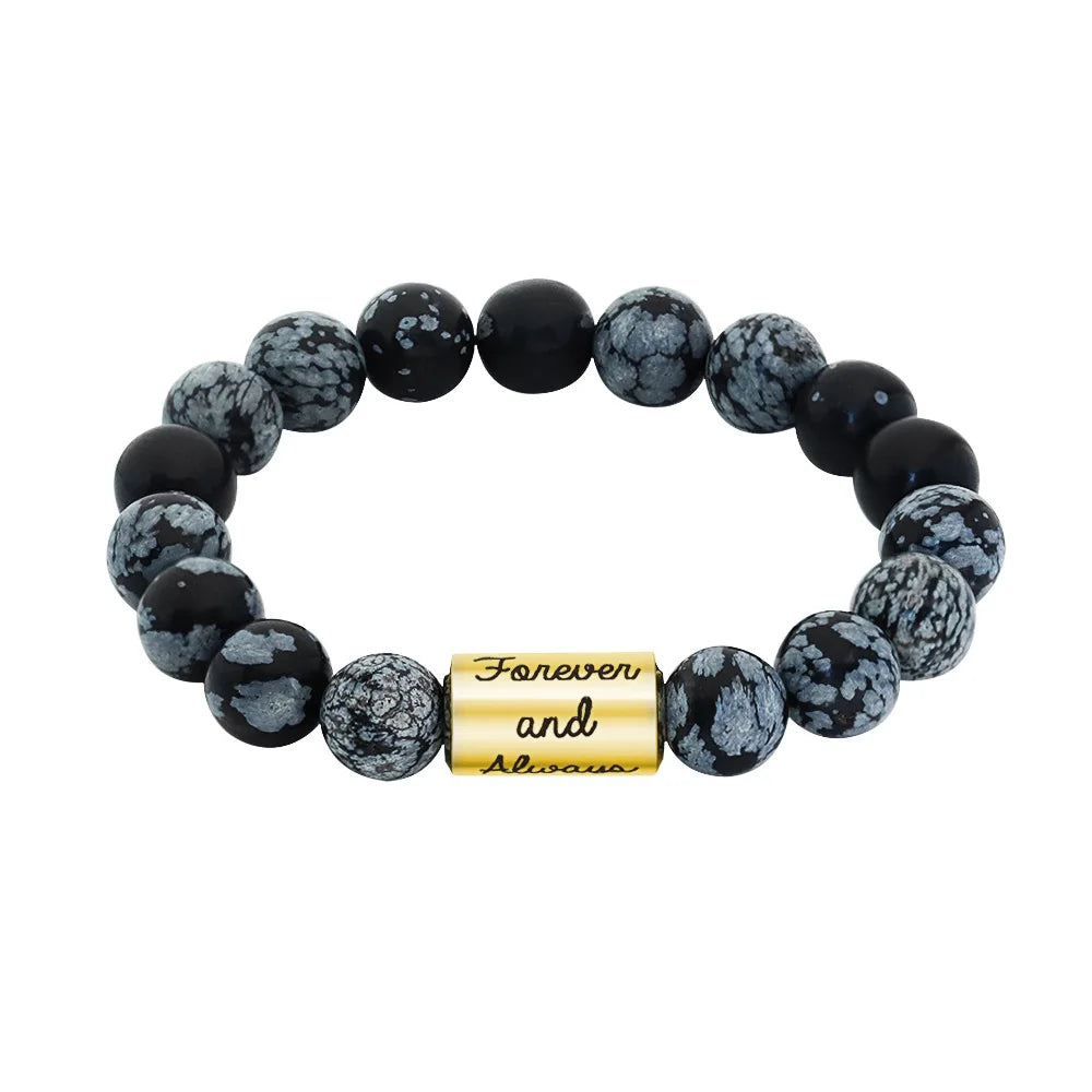 New Arrival Men's Trendy 10mm Quartz Snow Stone Name Bead Bracelet Engravable Cylinder Nature Beaded Jewelry for Anniversaries