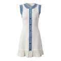 2025 Designed Lady Sleeveless Denim Patchwork Wear Women Single-breasted Short Mini Knitted Slim Fitted Dress
