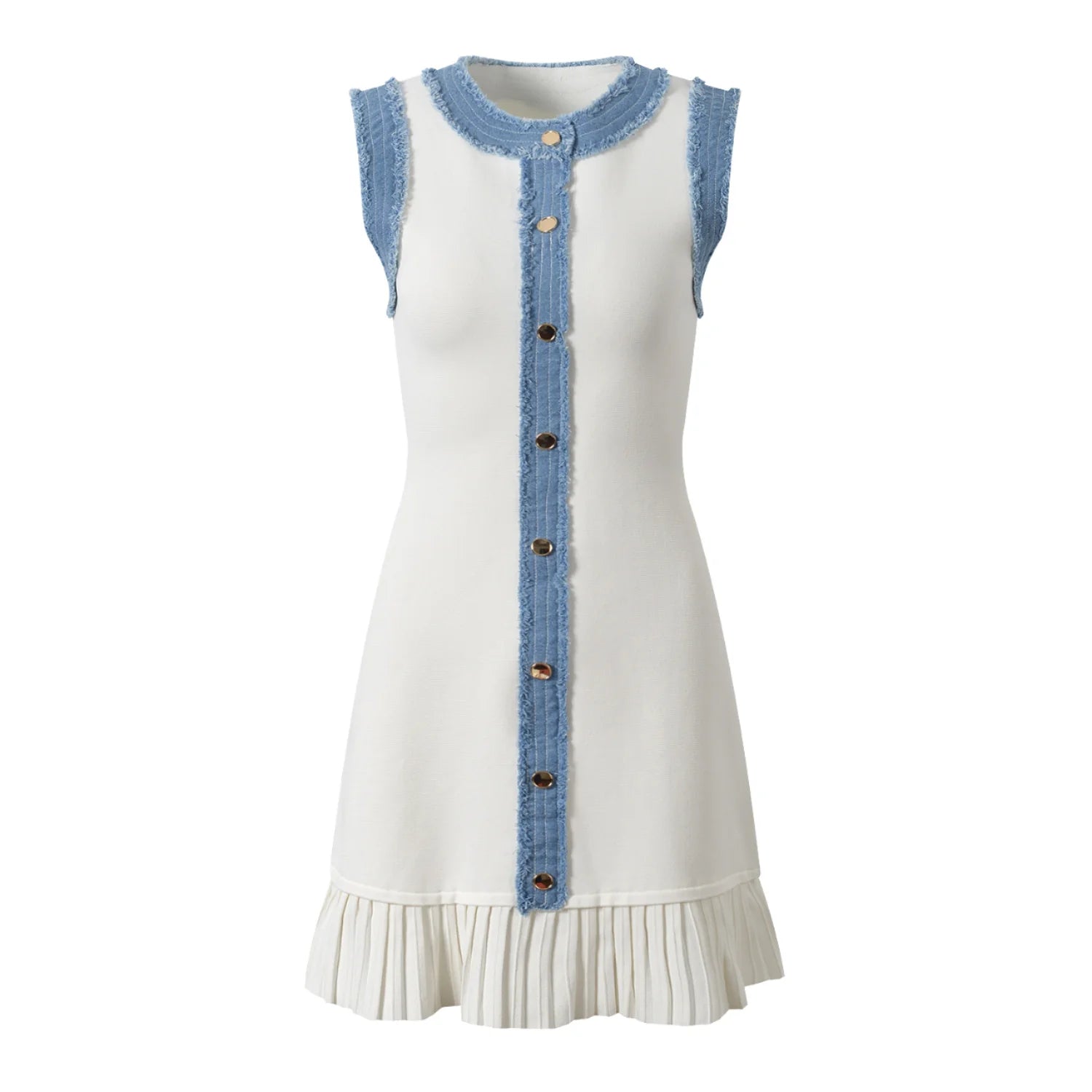 2025 Designed Lady Sleeveless Denim Patchwork Wear Women Single-breasted Short Mini Knitted Slim Fitted Dress
