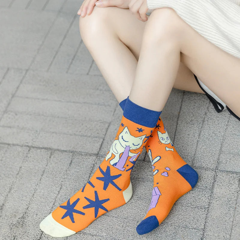 Fashion Asymmetry Design Cartoon Anti-Slip Cotton Crew Socks for Men Women