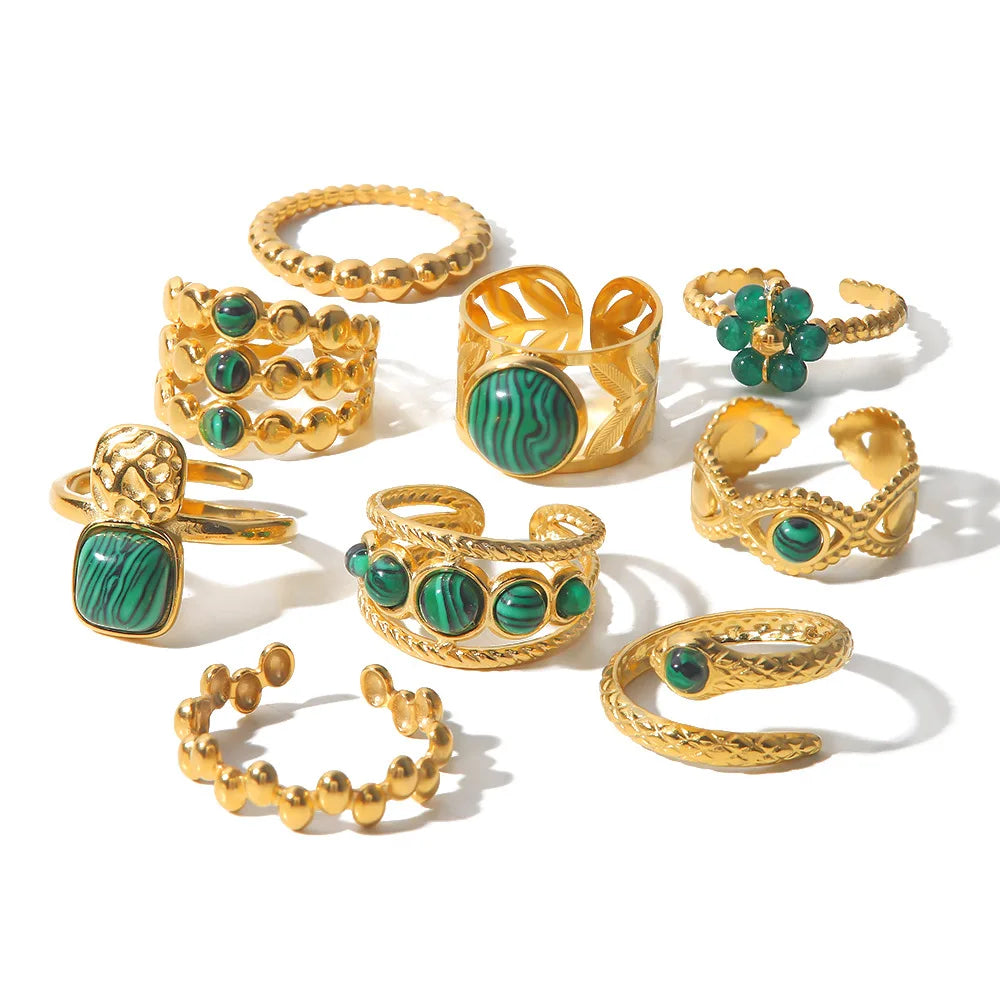 Retro Stainless Steel Round Natural Malachite Ring Open Adjustable 18K Gold Plated Jade Finger Ring Jewelry for Women
