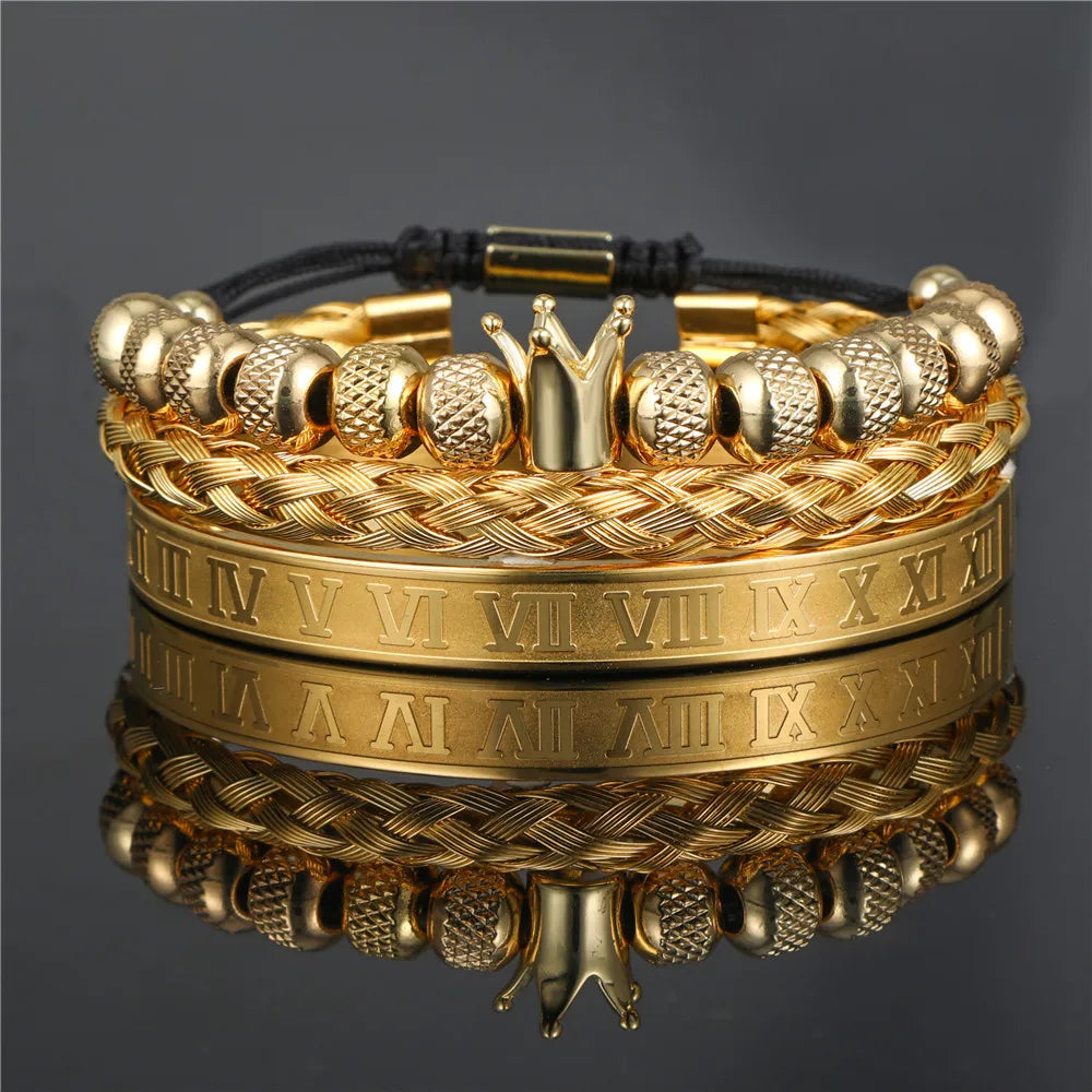 Duyizhao Vintage Crown Braided Men's Bracelet Roman Letter Stainless Steel Grid Open Bangle  Hip Hop  Fashion Jewelry Set