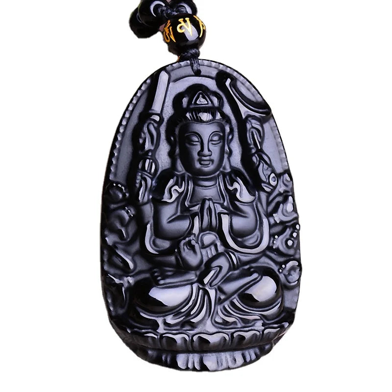 RisingMoonHigh Quality Natural Obsidian Carved Necklace Eight Guardian Gods 12 Zodiac Signs Buddha Pendant Necklace