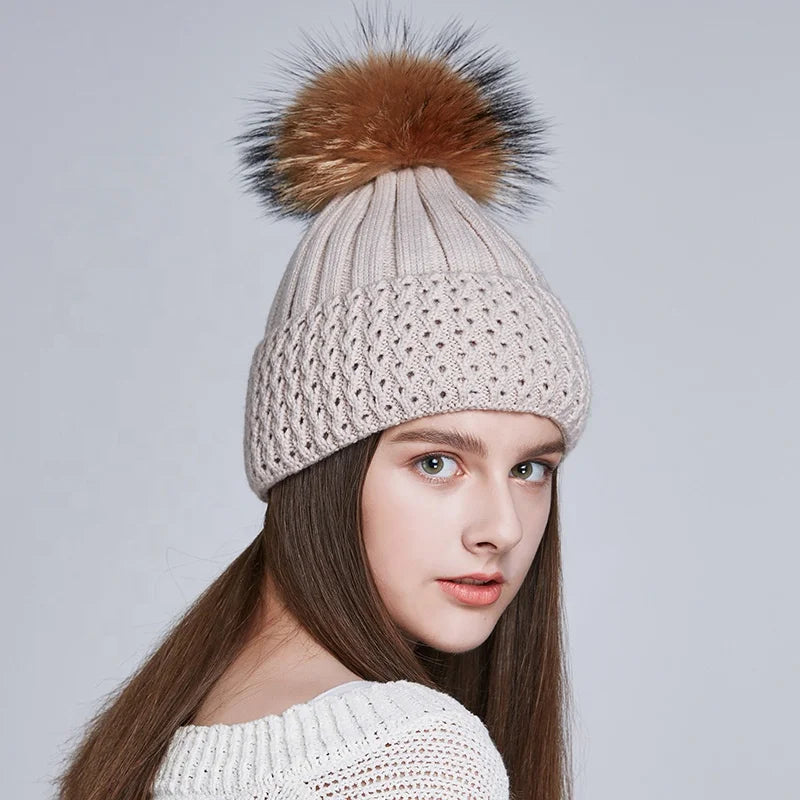 Custom Wholesale Winter Women Knitted Hats With Natural Fur Pompom Warm Fleece Lining Stripes Ladies Beanies