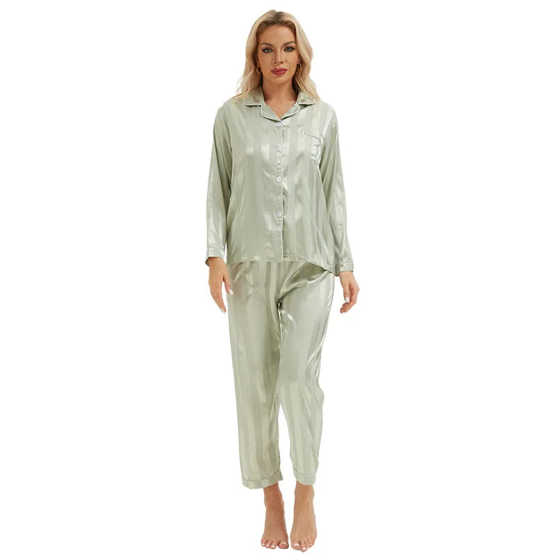 New Lady Pajama Satin Silk Printed Light Green Stripe Pajamas Set Lounge Wear Plus Size Women Pijamas