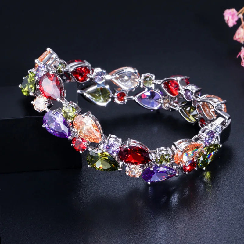 Gorgeous Mona Lisa Gold Plated Colorful Cubic Zirconia Big Bracelet Bangle for Women Wedding Party Brides Jewelry