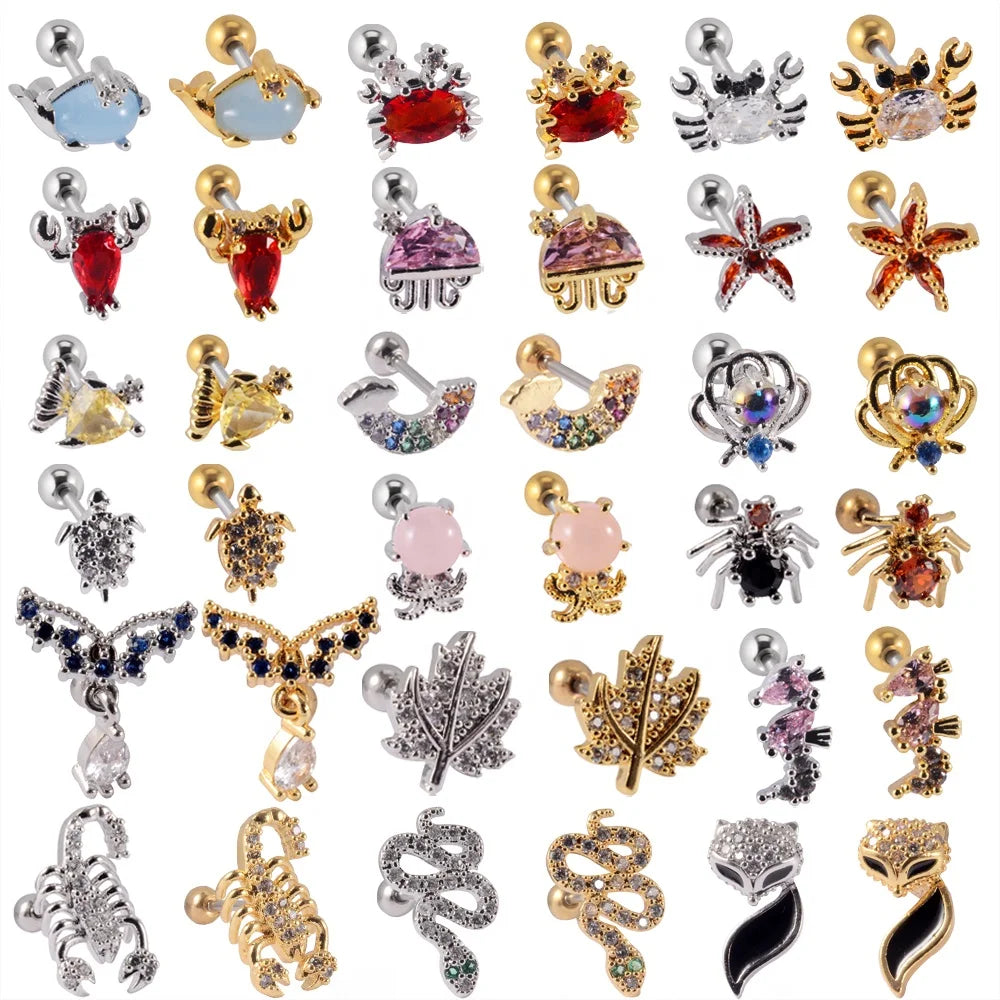 Stainless Steel Gold Plated Cute Animal Fox Snake Shell Stud Earrings Cartilage Helix Safety Zircon Trendy Party 20G
