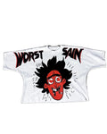 KY New High Collar Cropped T-Shirt Oversized Boxy Crop Top with Rhinestone and DTG Print Made From 200 Gram Knitted Fabric