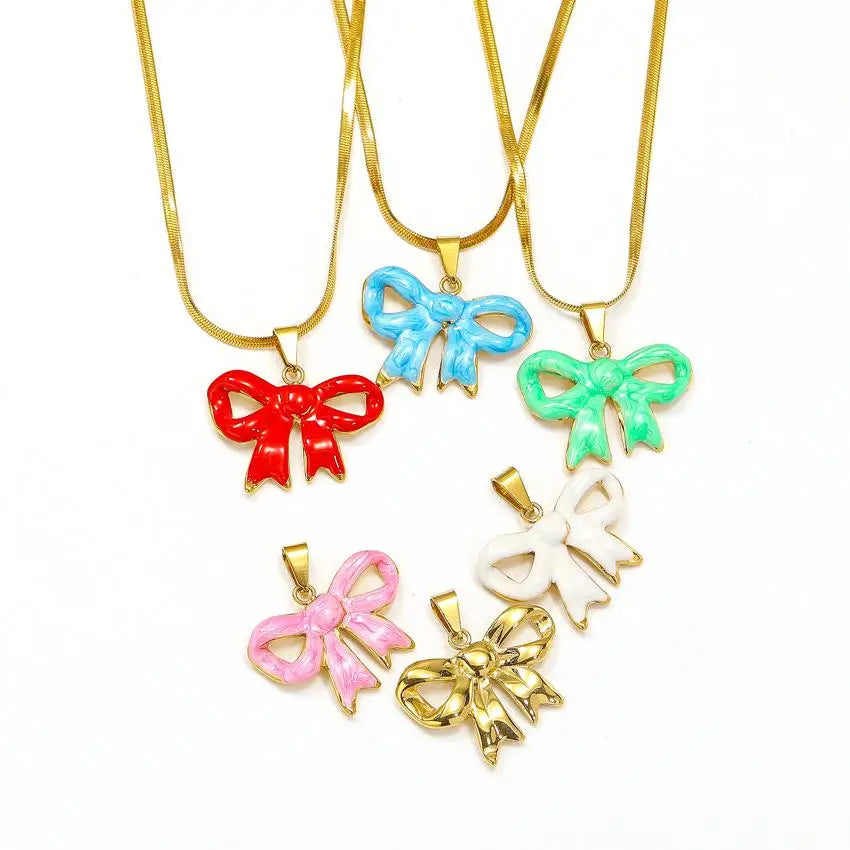 Wholesale 18K Gold Plated Stainless Steel Woman's Necklace Fine Bowknot Pendant with Snake Chain Colorful Bow Pendant Necklace