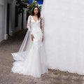 Elegant V Neck Lace Tulle Dress Full Sleeves Sweetheart Mermaid Wedding Dresses