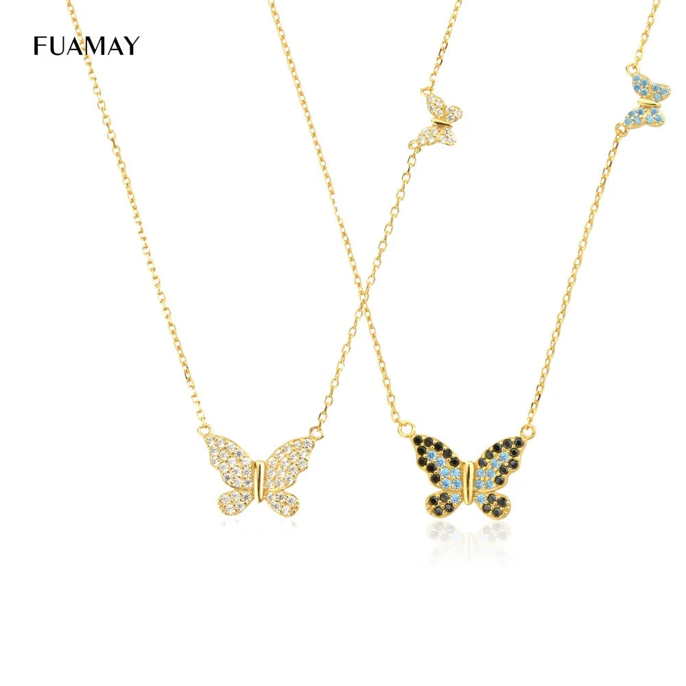 FUAMAY Gold Plated CZ X Solid Butterfly Necklace Jewelry Butterfly Pendant Chain Choker Necklace