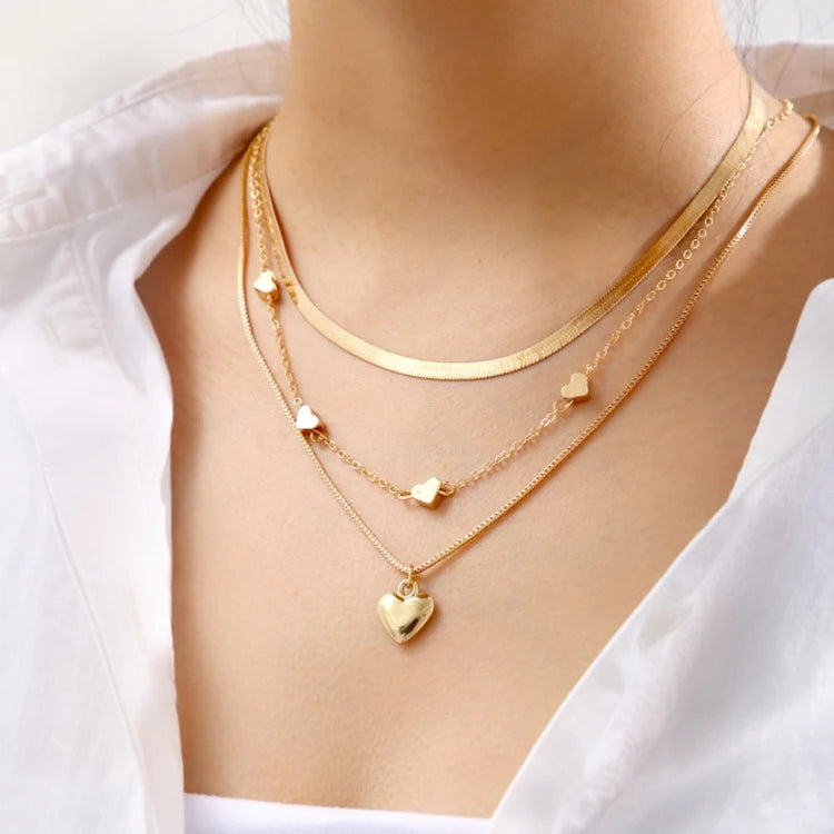HZS-145 Wholesale Fashion Neck Jewelry for Women Layered Multi 3 Layers Gold Metallic Chain Heart Pendant Necklace