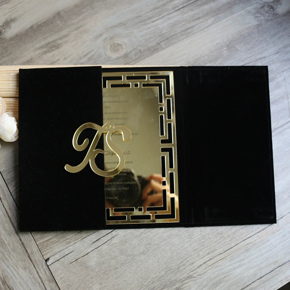 Wholesale Customized Colors Velvet Invitation Luxurious Gold Mirror Acrylic Cards Handmade Velvet Hardcover Invitation Card