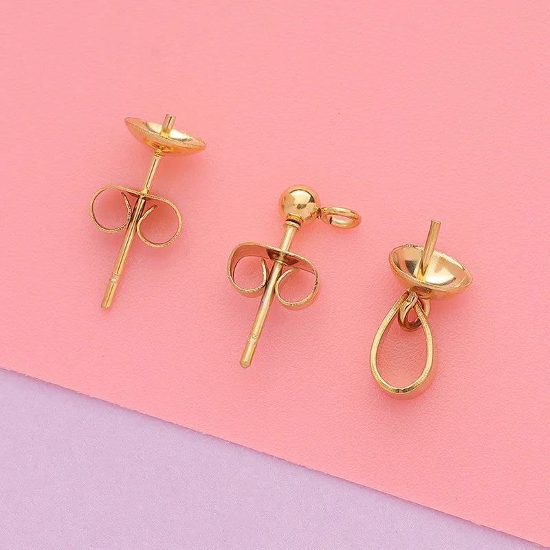 Hertiny Stainless Steel Pendant Pinch and Stud Earring Posts With Cup Peg for Half Drilled Pearl Beads