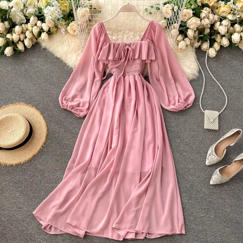 Boutique Wholesale 2026 Utumn New Fashion French Retro Square Neck Bubble Sleeves Chiffon Women's Dress