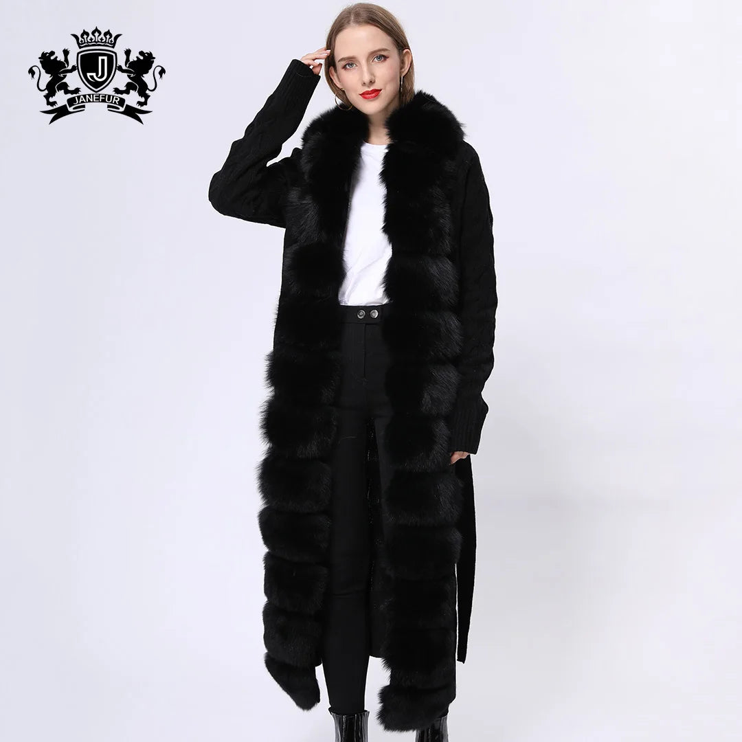 Fashion Design Hooded Fur Coat Female Soft Real Fox Fur Coat Knitted Long Wool Sweater Women Fur Cardigan