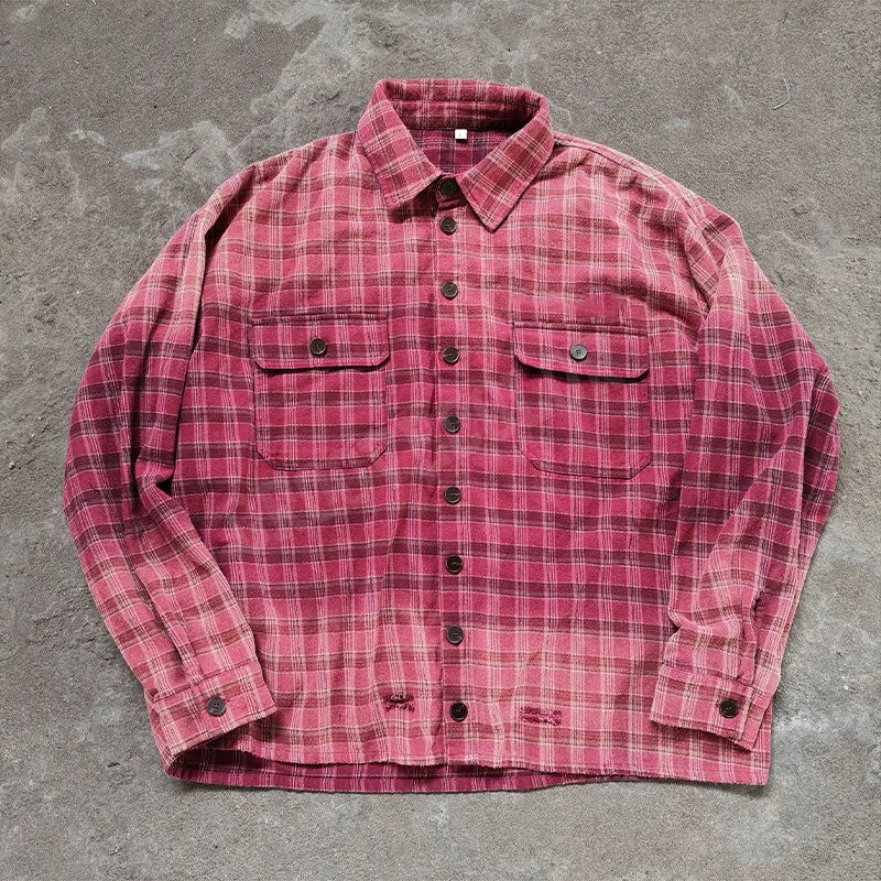 Streetwear Custom Acid Wash Vintage Shirts Boxy Plaid Button up Rhinestone Full Long Sleeve Shirts for Men