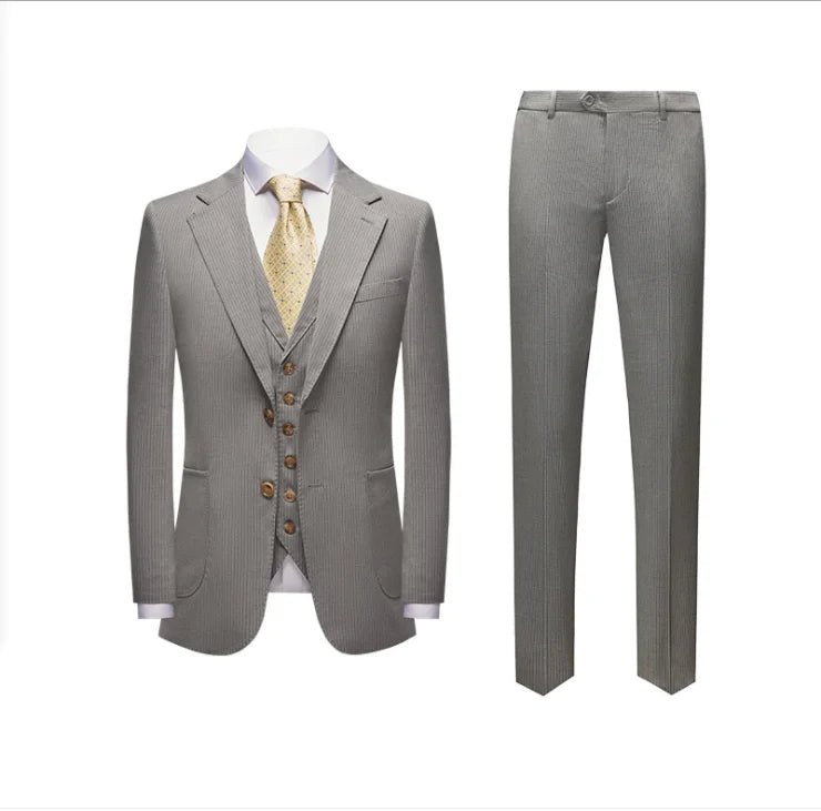 Business Men's Suit Striped Gray Casual Business Slim Suit Three-piece Wholesale Custom Work Clothes