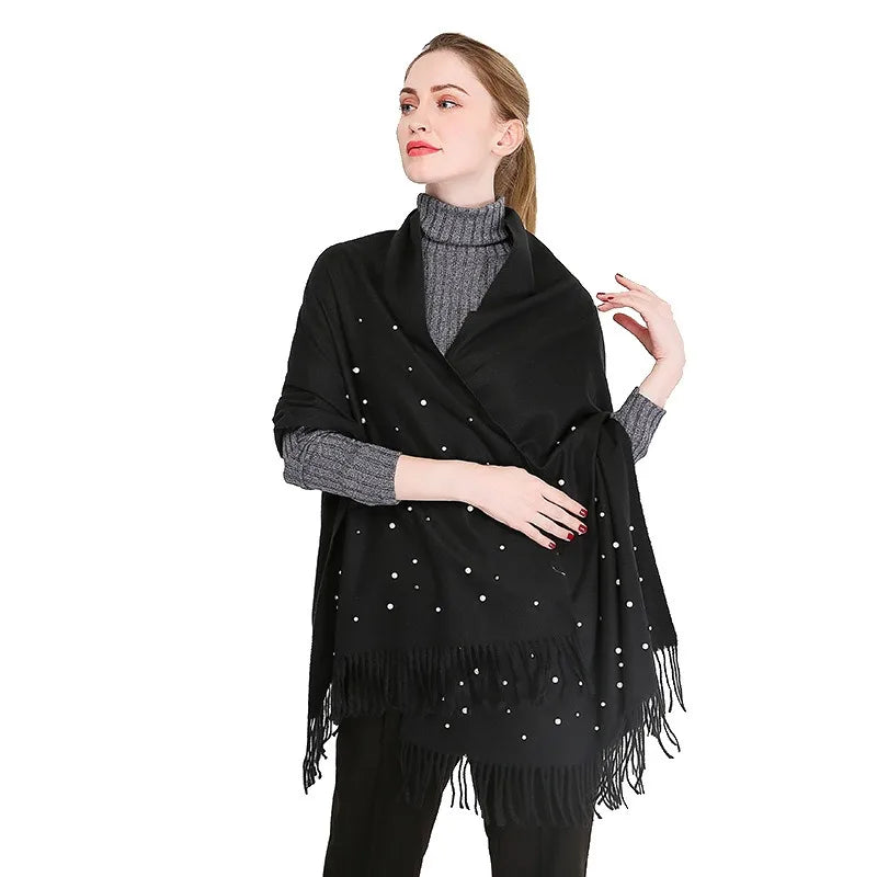 Winter Warm Scarf for Women Beading Tassels Shawls and Wraps Female Pashmina Blanket Scarves Foulard Femme Muslim Hijab