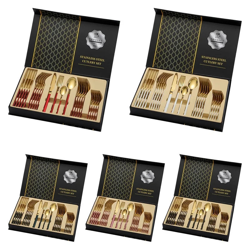 Luxury Stainless Steel PVD Square Handle Cutlery 24 Pcs Silverware Flatware Set with Gift Box