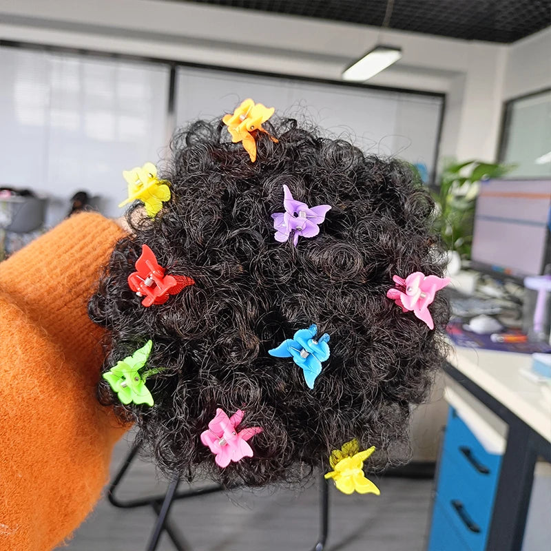 Fujia Two Pieces in One Pack Marley Kinky Hair Buns Afro Puff with Elastic and Flower Clips for Girl Kids