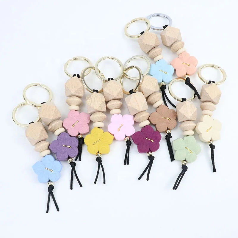 Cute Cartoon Style Women Girls Flower Silicone Beads Keychain Key Ring Holder with Stylish Floral Design
