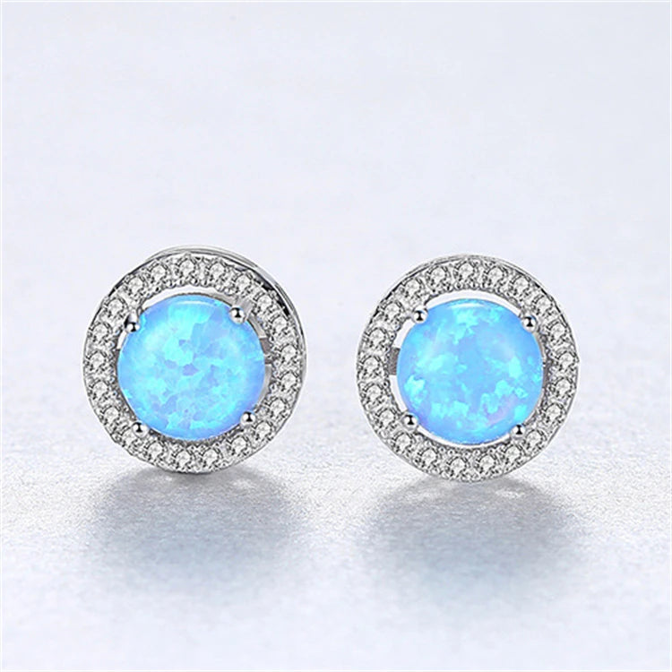 Fine Jewelry 925 Sterling Silver Round Shape Natural Opal Zircons Stud Earrings for Women Girls