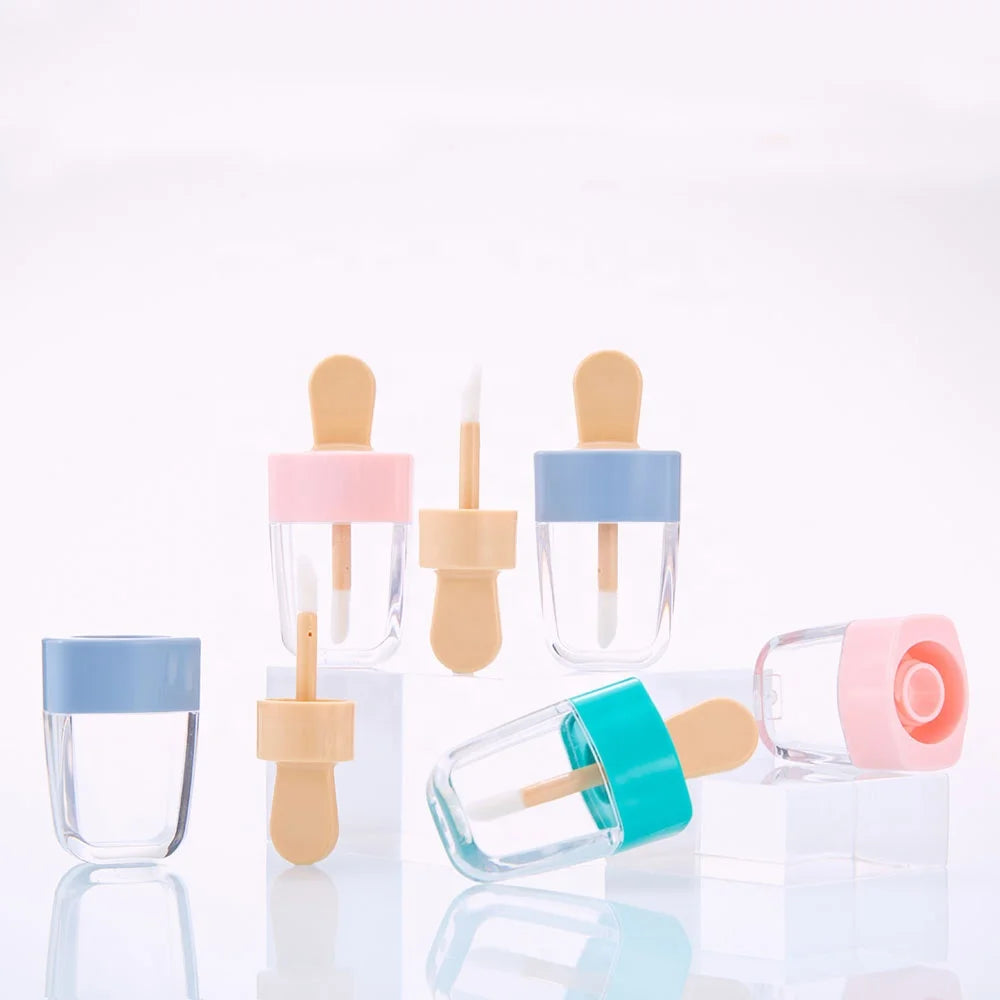 Lz Pack Stock 100pieces Custom Private Label Ice Cream Shape DIY 6ml Mini Cute Green Blue Pink Popsicle Lip Gloss Tubes