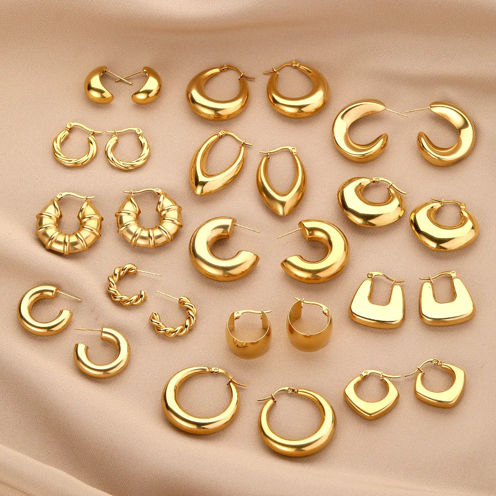 Women Hypoallergenic Jewelry Earrings Stainless Steel 18k Gold Plated Screw Twisted C-shape Hoop Earrings Non Tarnish Jewelry