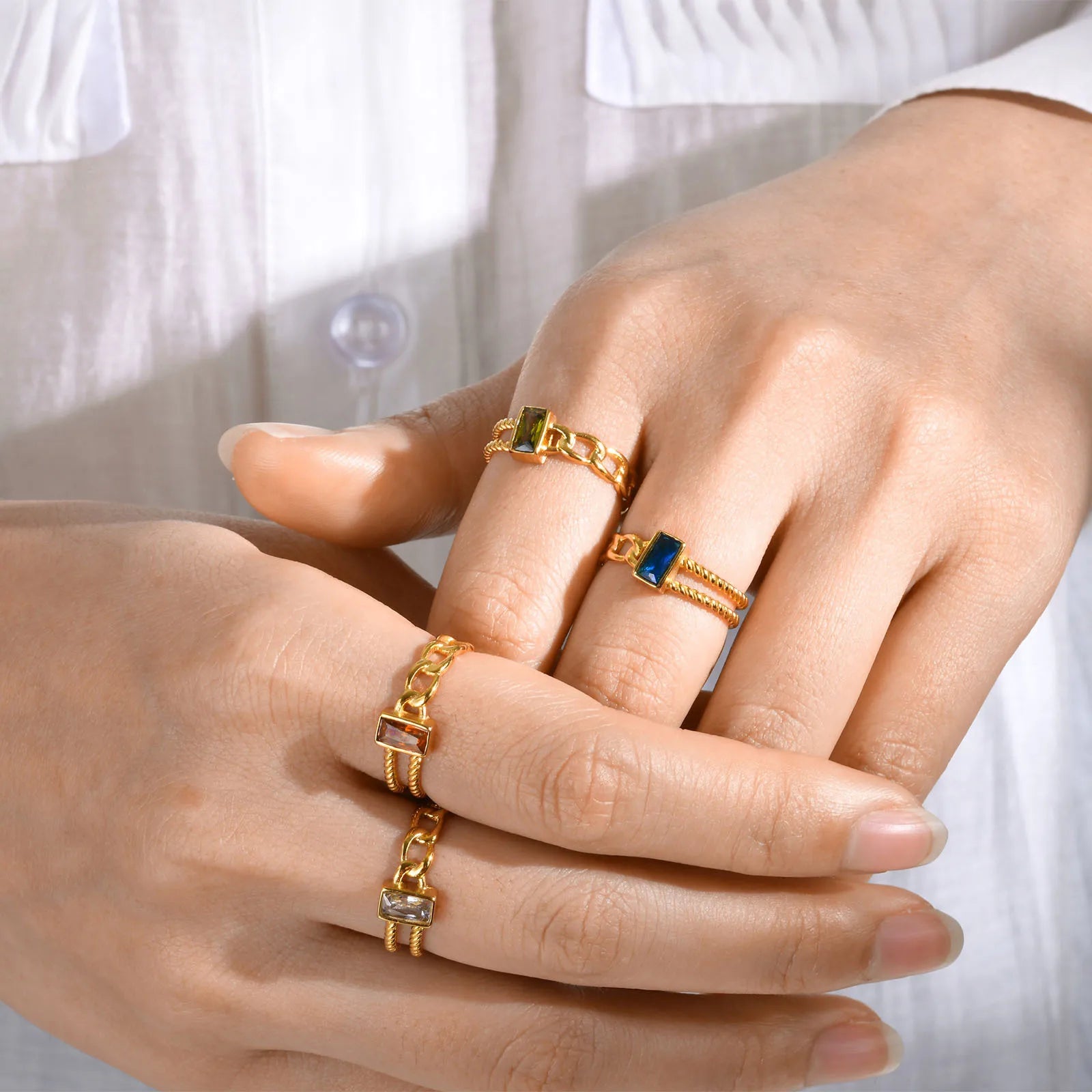 Newest Vintage Gold Plated Asymmetrical Adjustable Double Layer Zircon Titanium Steel Open Ring