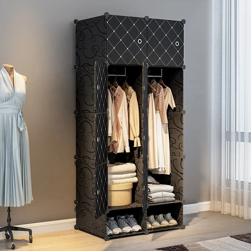 Cheap Modern Black Checkered Plastic Wardrobe for Bedroom Workshop & Living Room Use 8 Doors 2 Hangers Storage Clothes Furniture