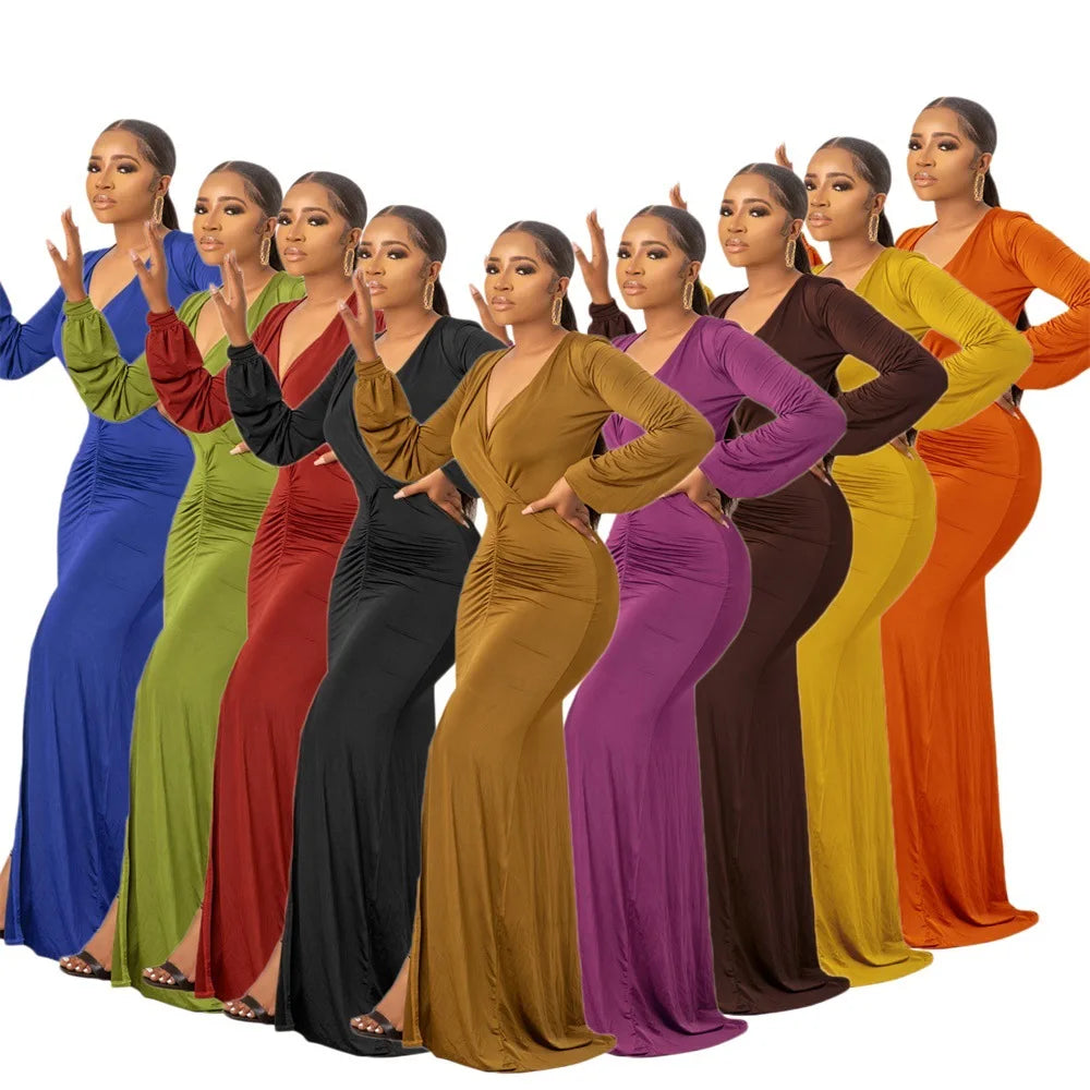 Plus Size Women's Dresses Elegant Soiree Split Long Sleeve V Neck Gowns for Women Evening Party Dress