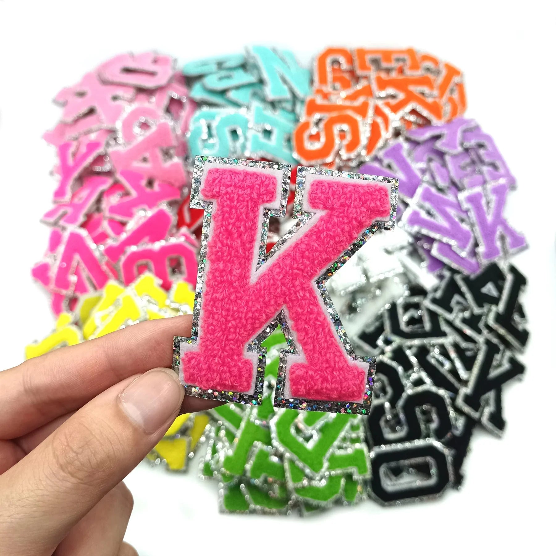 Custom Chenille Embroidered Flower Shape 'A-Z' Letter Patches Applique Design Stock Gold Sequins for Hats and Bags